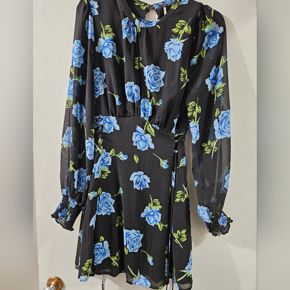 Free People Black Dress with Blue Rose Print